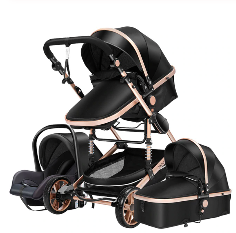 3 in 1 Luxury Baby Pram Stroller Travel System with Car Seat and Pram Bag in Black and Gold Budget Prams